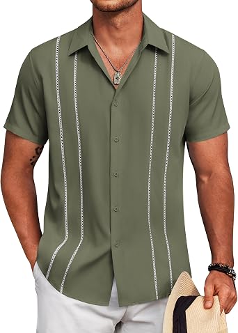 COOFANDY Mens Cuban Guayabera Shirt Short Sleeve Button Down Shirts Summer Beach Vacation Shirts