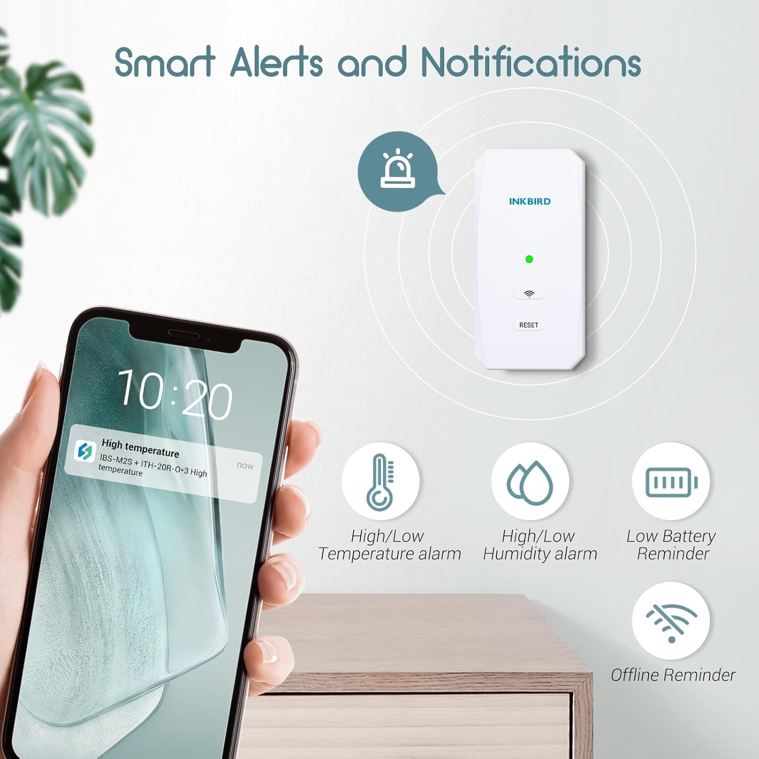 Smartphone showing a high temperature alert notification from the INKBIRD app, with the WiFi gateway in the background.