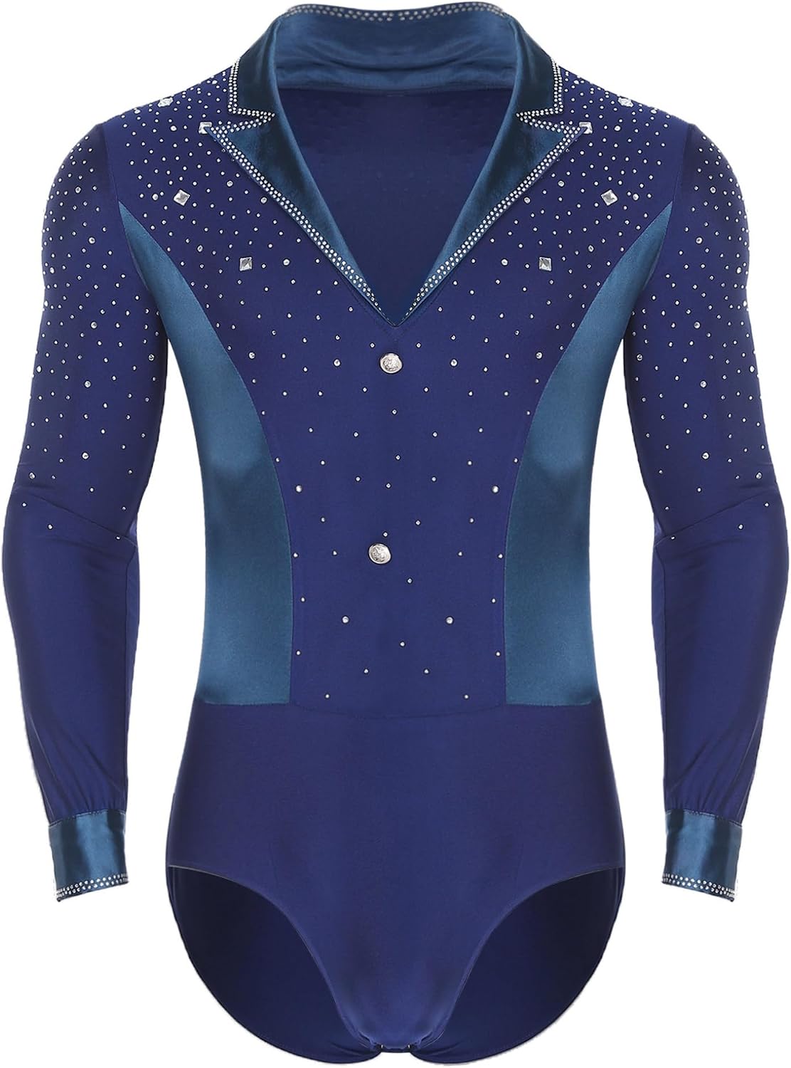 Freebily Mens Rhinestone Figure Skating Bodysuit Long Sleeve Latin Tango Cha-cha Dance Shirt Tops