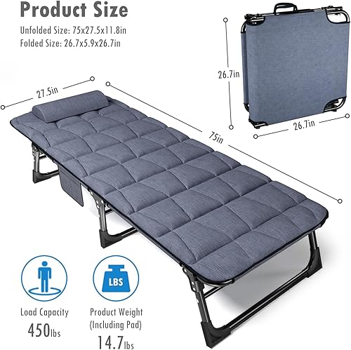 Miniatura 2 de ATORPOK Catre plegable para adultos con colchón acolchado y almohada, tumbona reclinable ajustable, ideal para camping, viajes, jardín u oficina,