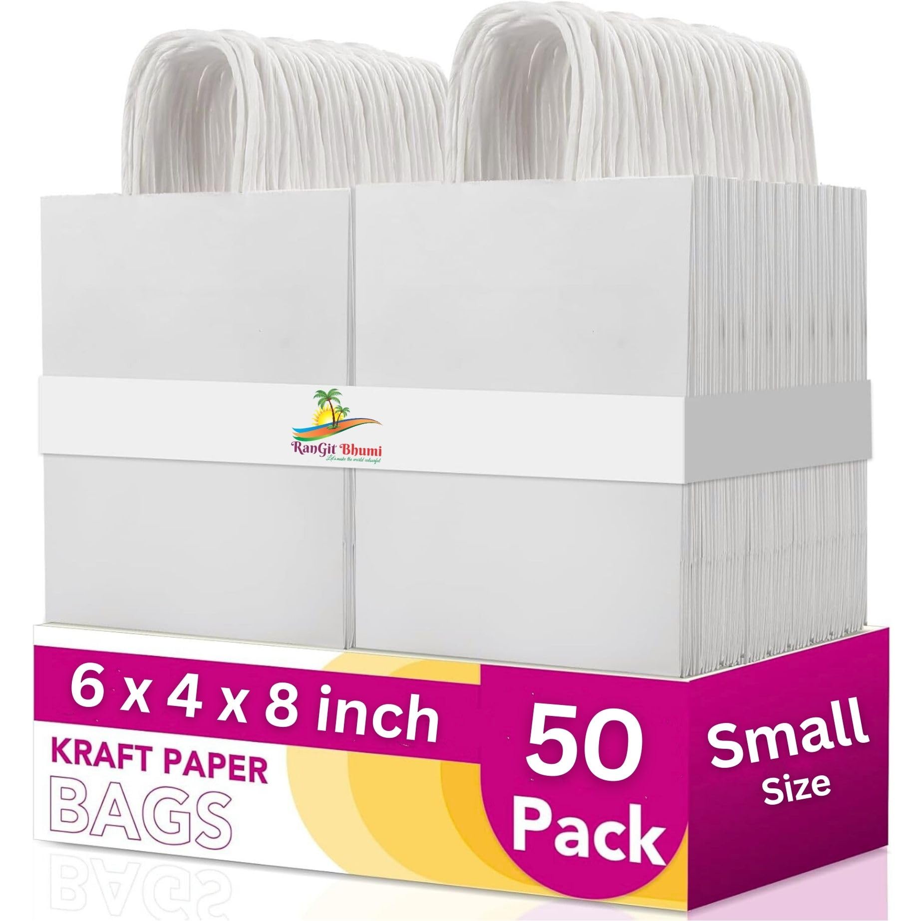 White Kraft Paper Bags with Handles, 50pcs Small Return Gift Bags Bulk, Retail, Shopping, Birthday Wedding Party Favour, Merchandise Bags | Small Size: 6x4x8 inch WHITE