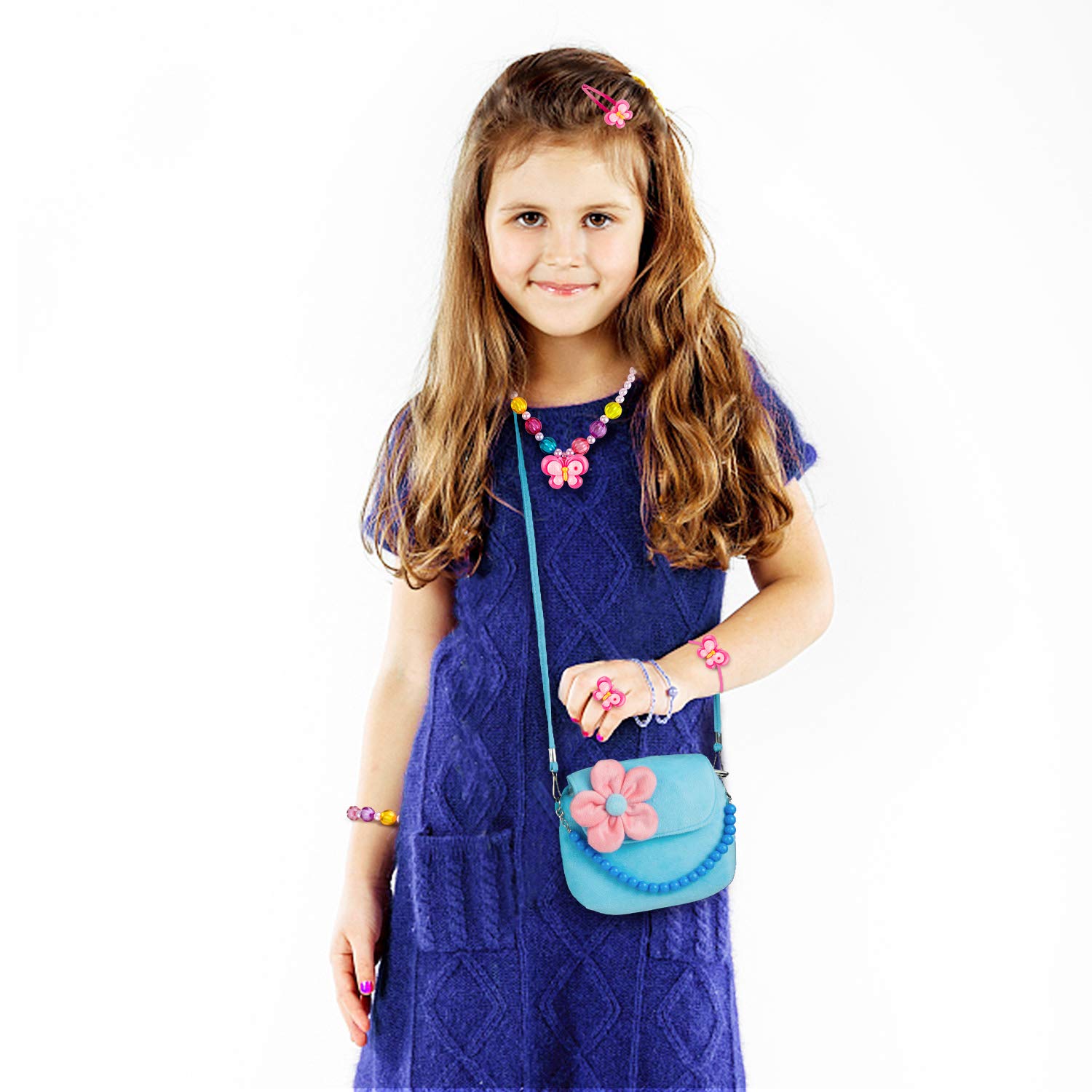 Comius Sharp Girls Princess Borse, Gioielleria per Bambini Bambine Simpatiche Borse, in Peluche con Collana Bracciale Anello e Orecchini Set, Borsetta da Principessa per Vestire fingere (Blue)
