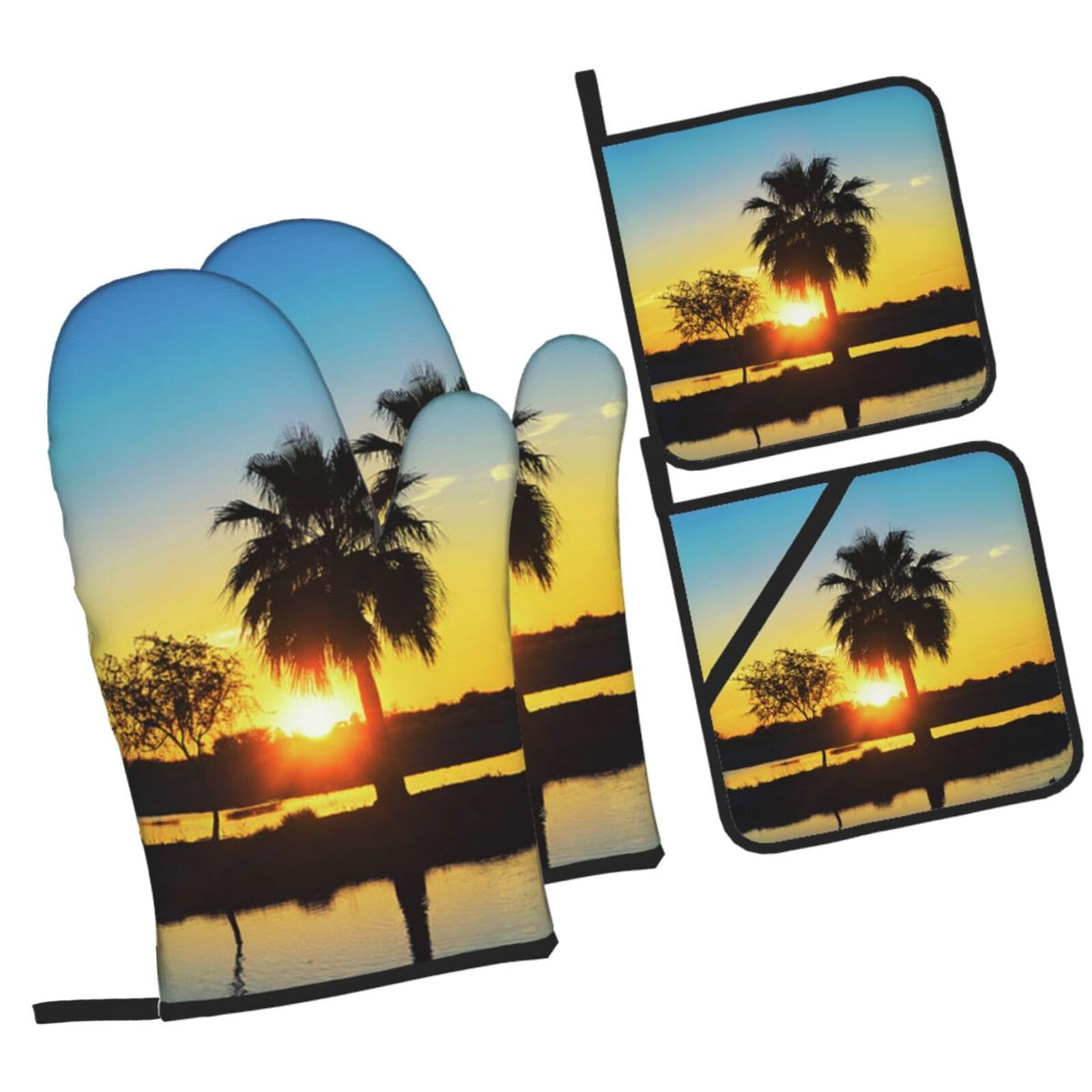 Sunset Palm Printed Oven Mitts and Pot Holders Heat Resistant Set of 4 Pcs, Modern Kitchen Gloves & Potholders for Cooking Baking Grilling