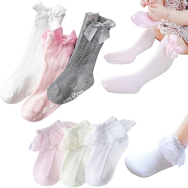 6 Pairs Assorted Baby Girls Frilly Lace Socks 1-3 Years Princess Girls Cute Bow Knee High Socks Long Stocking Kids Breathable Cotton Lace Top Ankle Socks Toddler Non Skid Long Socks for 1-3 Years