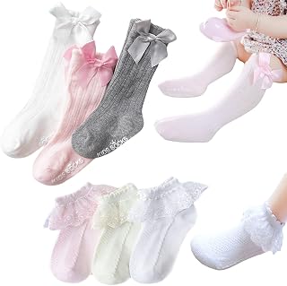 6 Pairs Assorted Baby Girls Frilly Lace Socks 1-3 Years Princess Girls Cute Bow Knee High Socks Long Stocking Kids Breathable Cotton Lace Top Ankle Socks