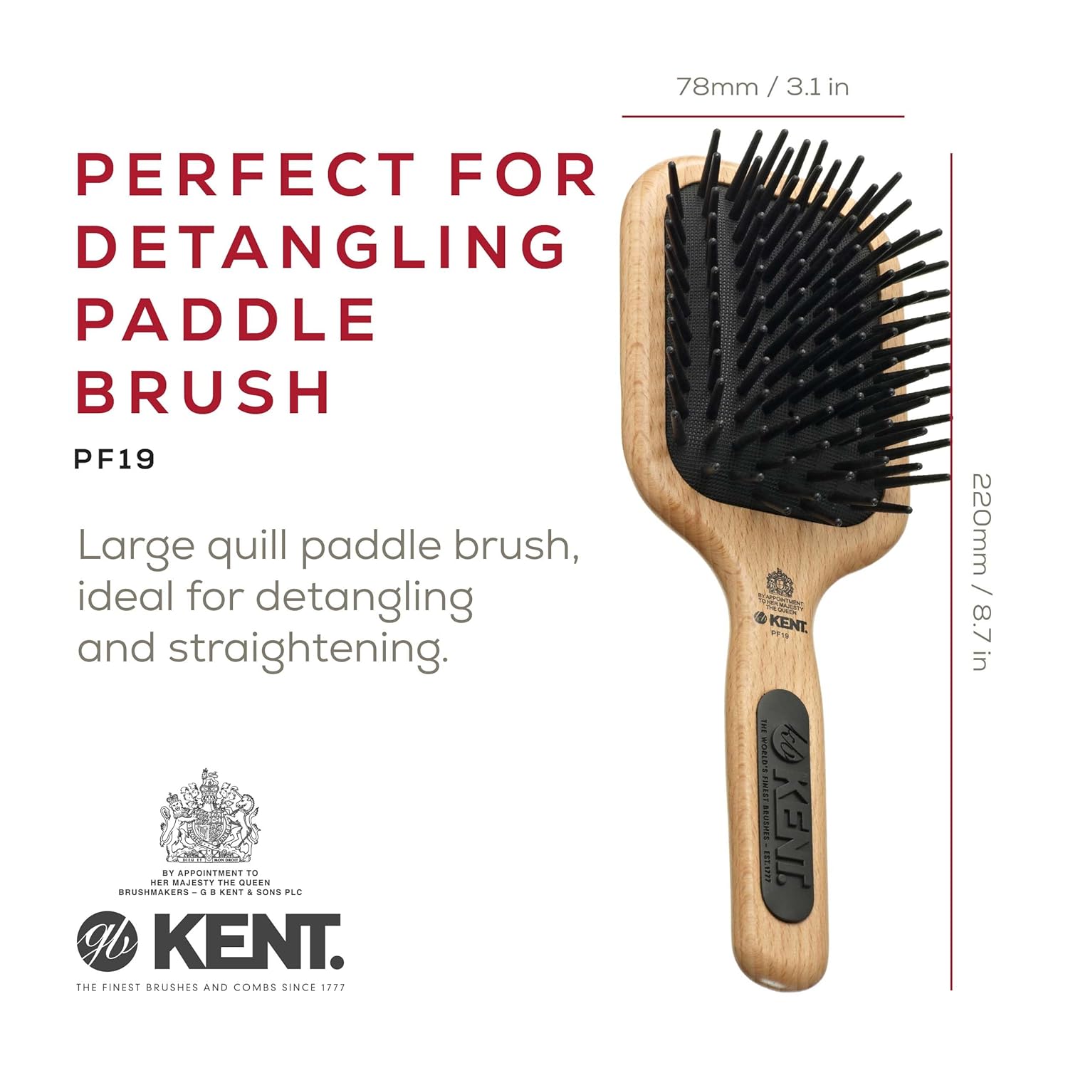 Kent PF19 Beechwood Cushion Paddle Brush - Scalp Massager and Detangler - The Hair Brush for Thick Hairs - Scalp Massager Growth Stimulator, Detangler Brushs for Curly Hair - Image 2