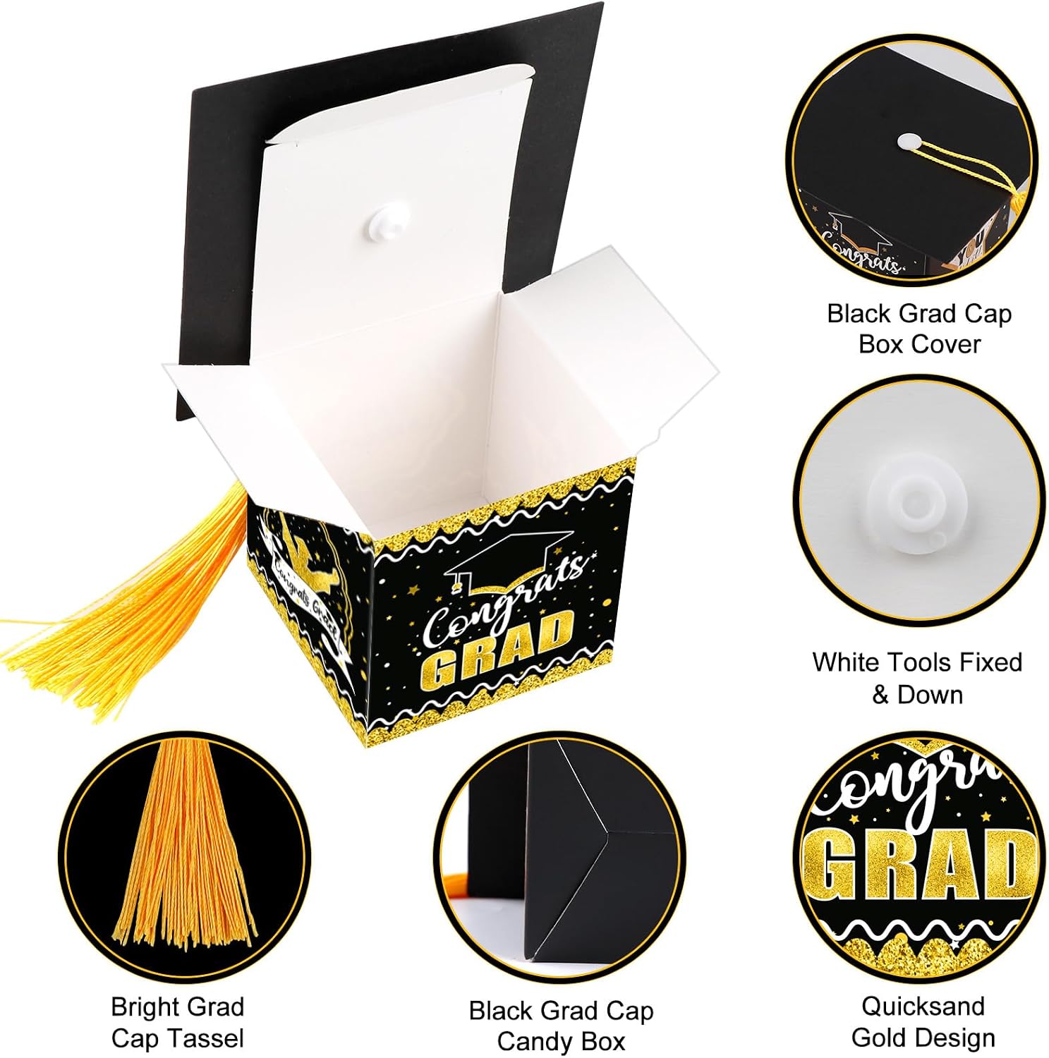 AerWo Graduation Party Favors, Black Congrats Grad Decorations, Grad Cap Decor Gift Box Cap Candy Box Graduate Gifts for College High School Graduation Party Decorations 2026 (30Pcs)