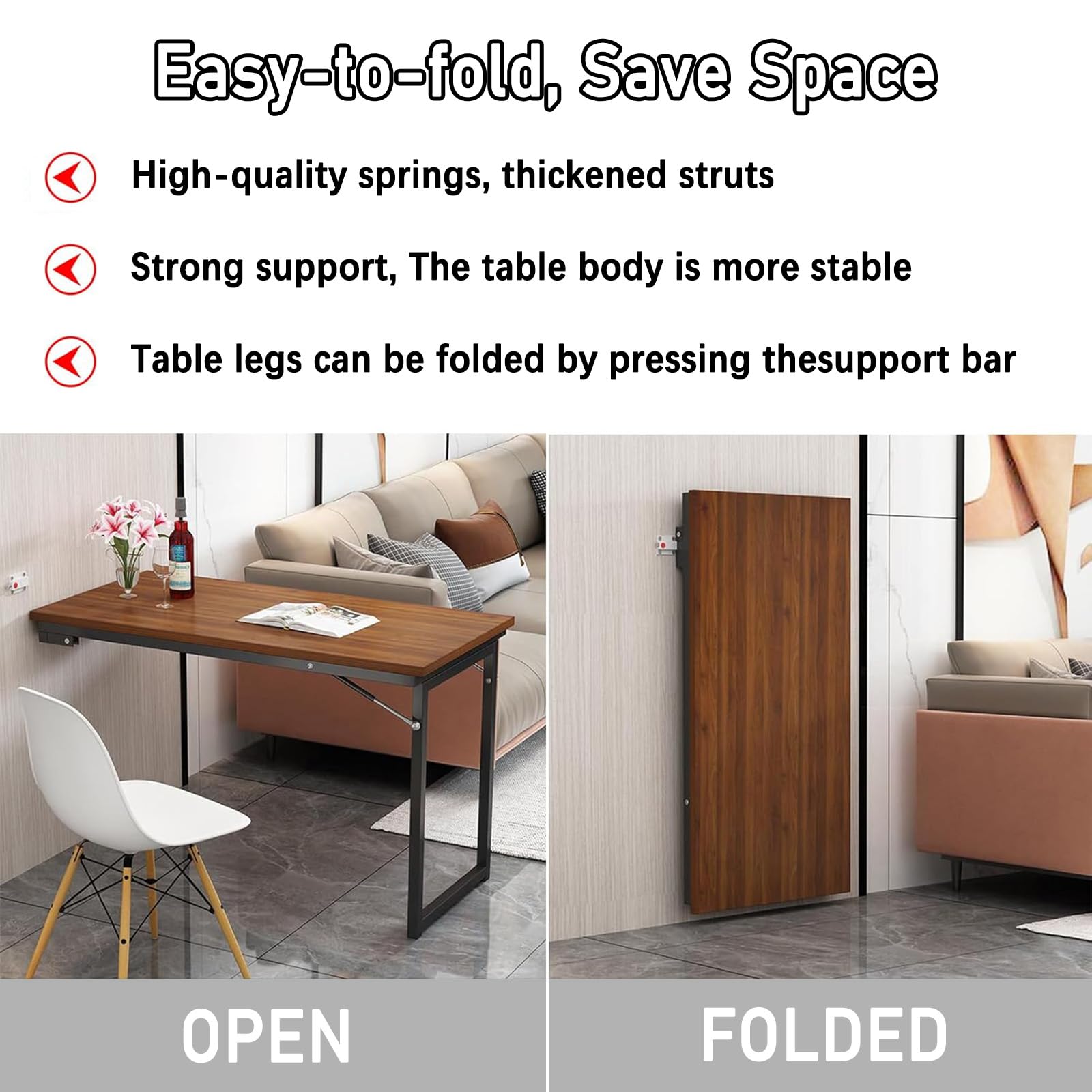 Wandklapptisch für Küche, multifunktionaler faltbarer Wandtisch, platzsparend, 90 x 50 x 75 cm, Schreibtisch für Zuhause und Büro, kompaktes und vielseitiges Design