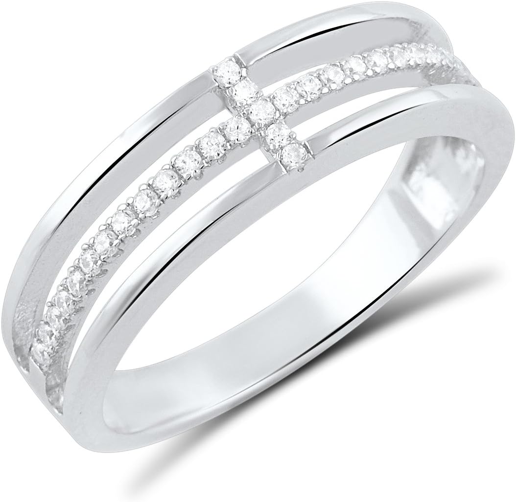 Sterling Silver Cz Sideways Cross Ring (Size 4-10)