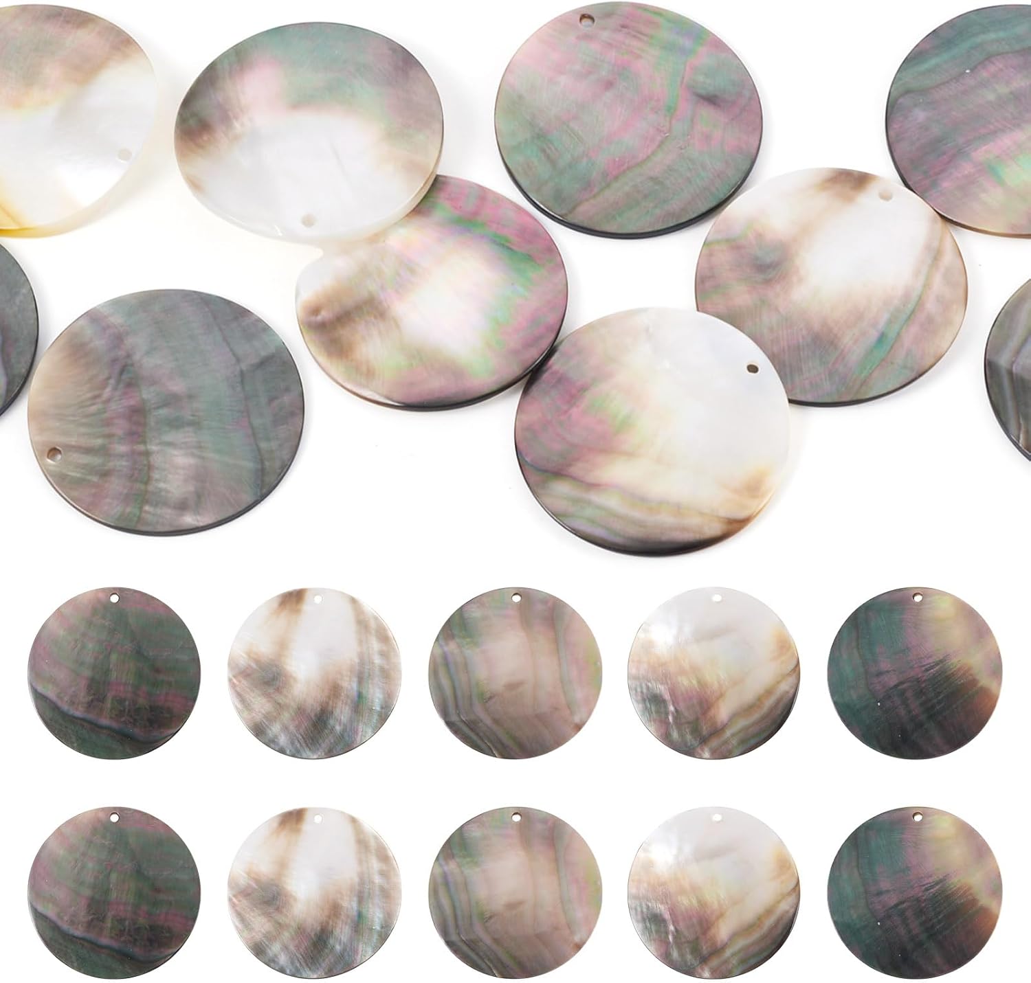 Beadthoven 10Pcs Natural Flat Round Shell Charms Flat Disc Coin Beads Freshwater Black Lip Shells Pendants Ocean Beach Dangle Beads for Jewelry Making Necklace Earrings Wind Chime DIY 1.4 inches
