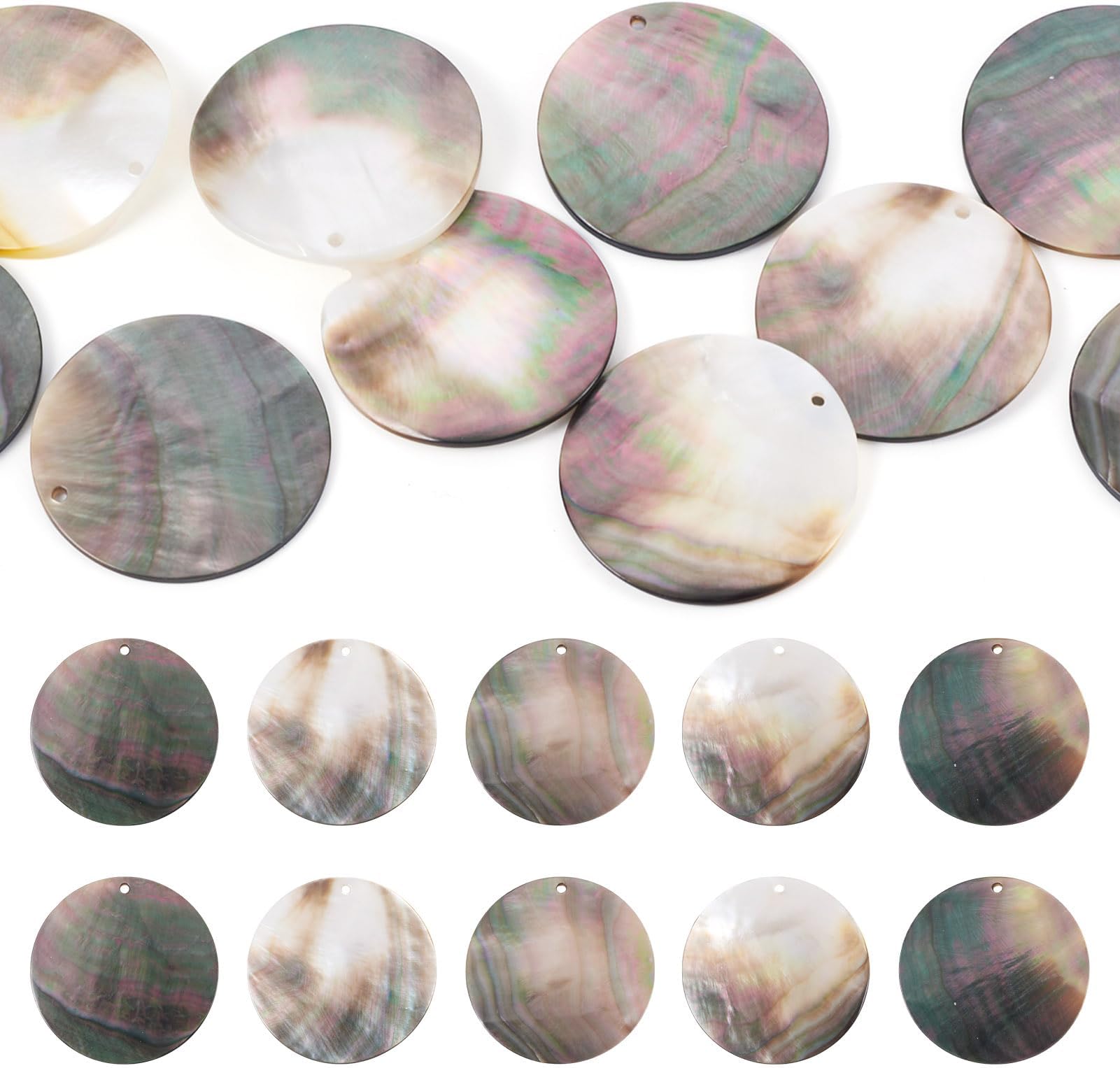 Beadthoven 10Pcs Natural Flat Round Shell Charms Flat Disc Coin Beads Freshwater Black Lip Shells Pendants Ocean Beach Dangle Beads for Jewelry Making Necklace Earrings Wind Chime DIY 1.4 inches