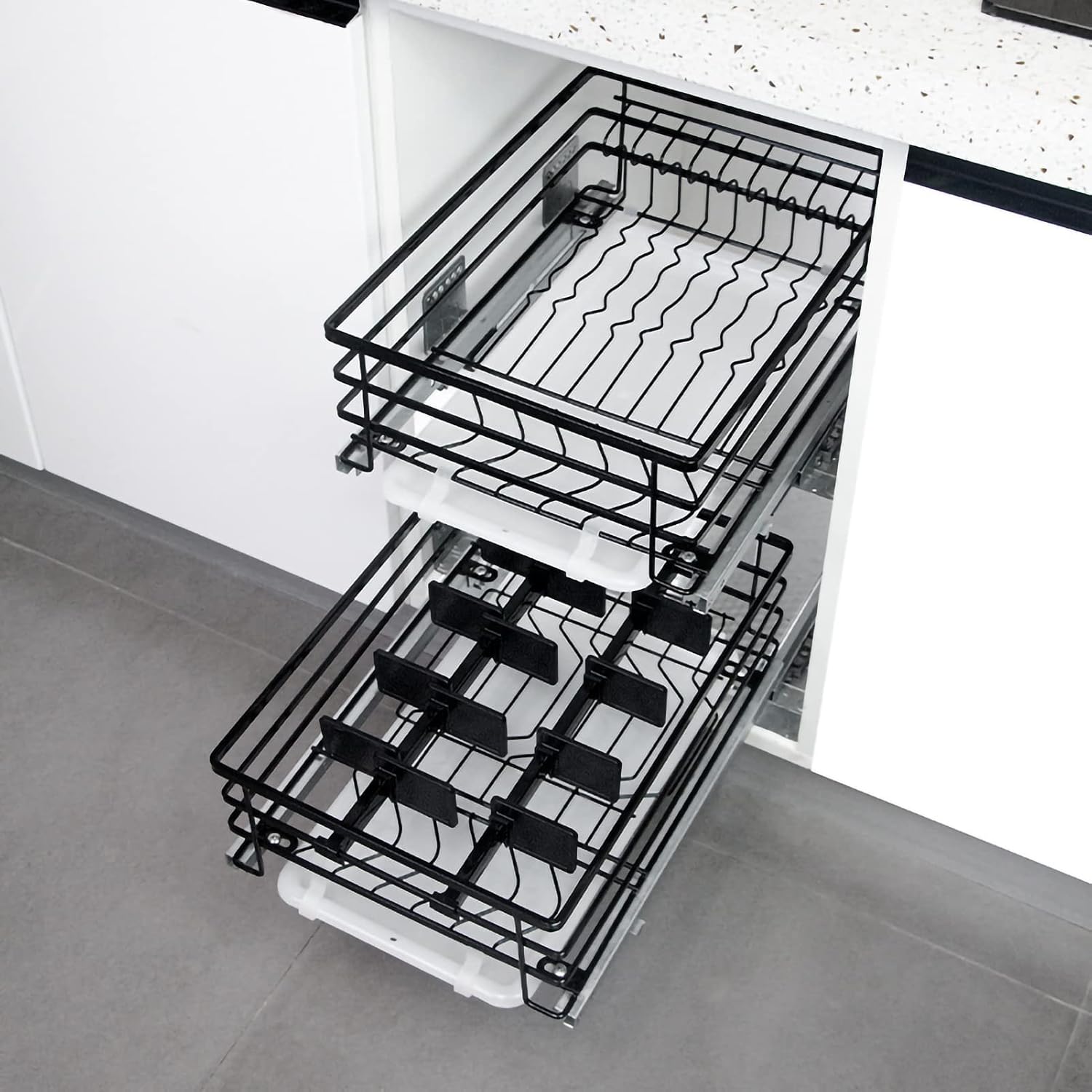Expandable Kitchen Cabinet with 2 Tiers Stainless Steel Dish Rack Pull Out Drawer for Under Sink Storage Space Saving Solution for Small Cabinets