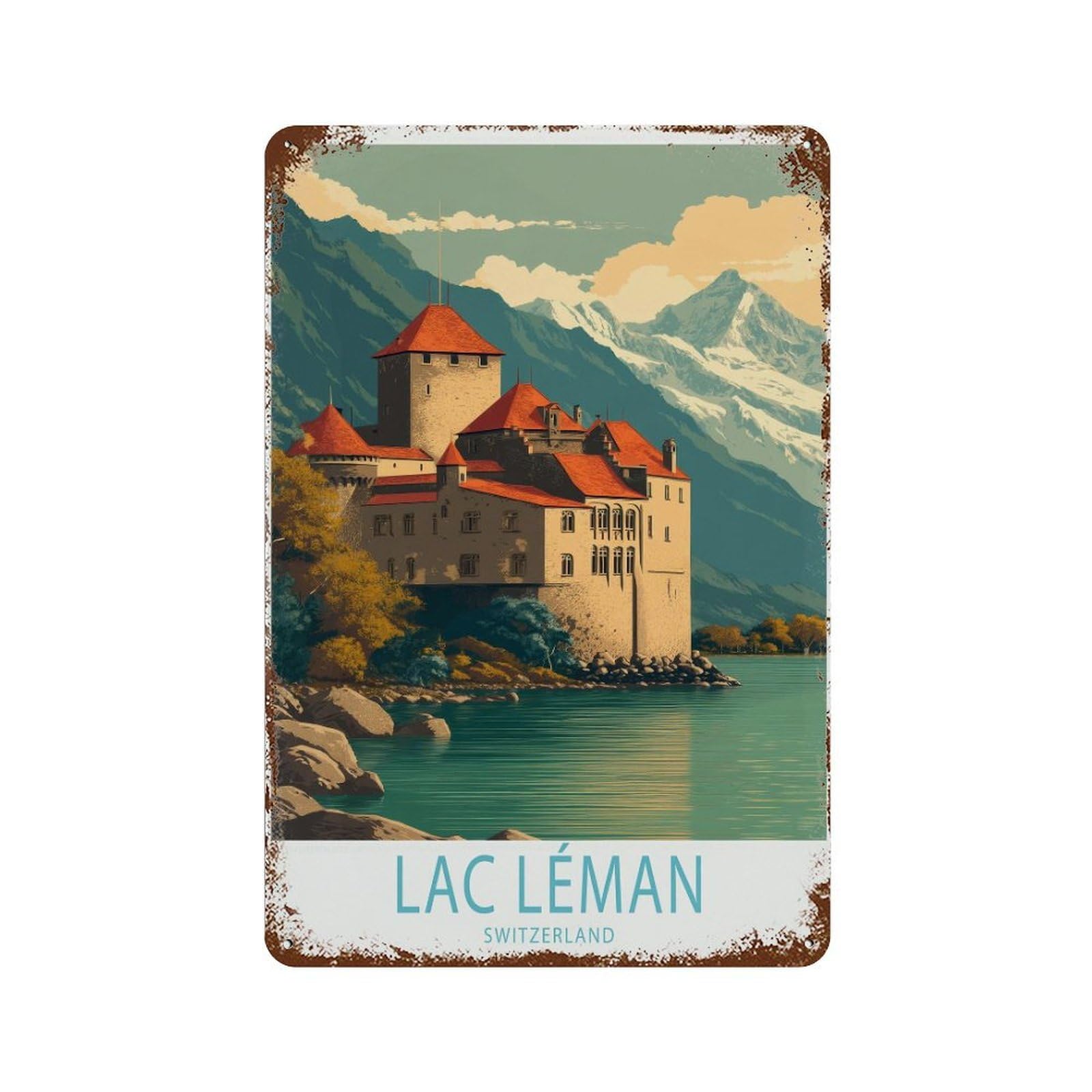 xiaoxiaoshen Lac Léman Travel Switzerland Lake Geneva Hanging, Home Décor Wall Decor Art Metal Tin Poster Modern Home Decor Art Home Bar Shop Decorations Vintage Sign 30x20cm