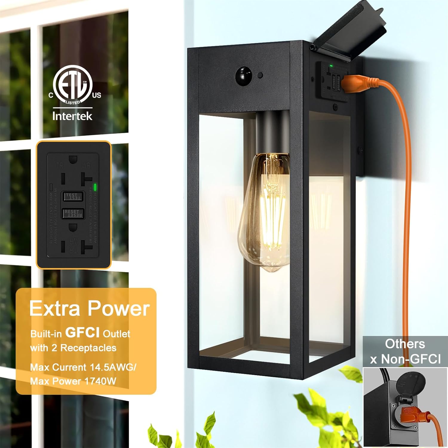 2 Pack Porch Lights with GFCI Outlet, Dusk to Dawn Motion Sensor Outdoor Lights, 2 Lighting Modes Waterproof Anti-Rust Wall Sconce Lantern, Outside Light for House, Black