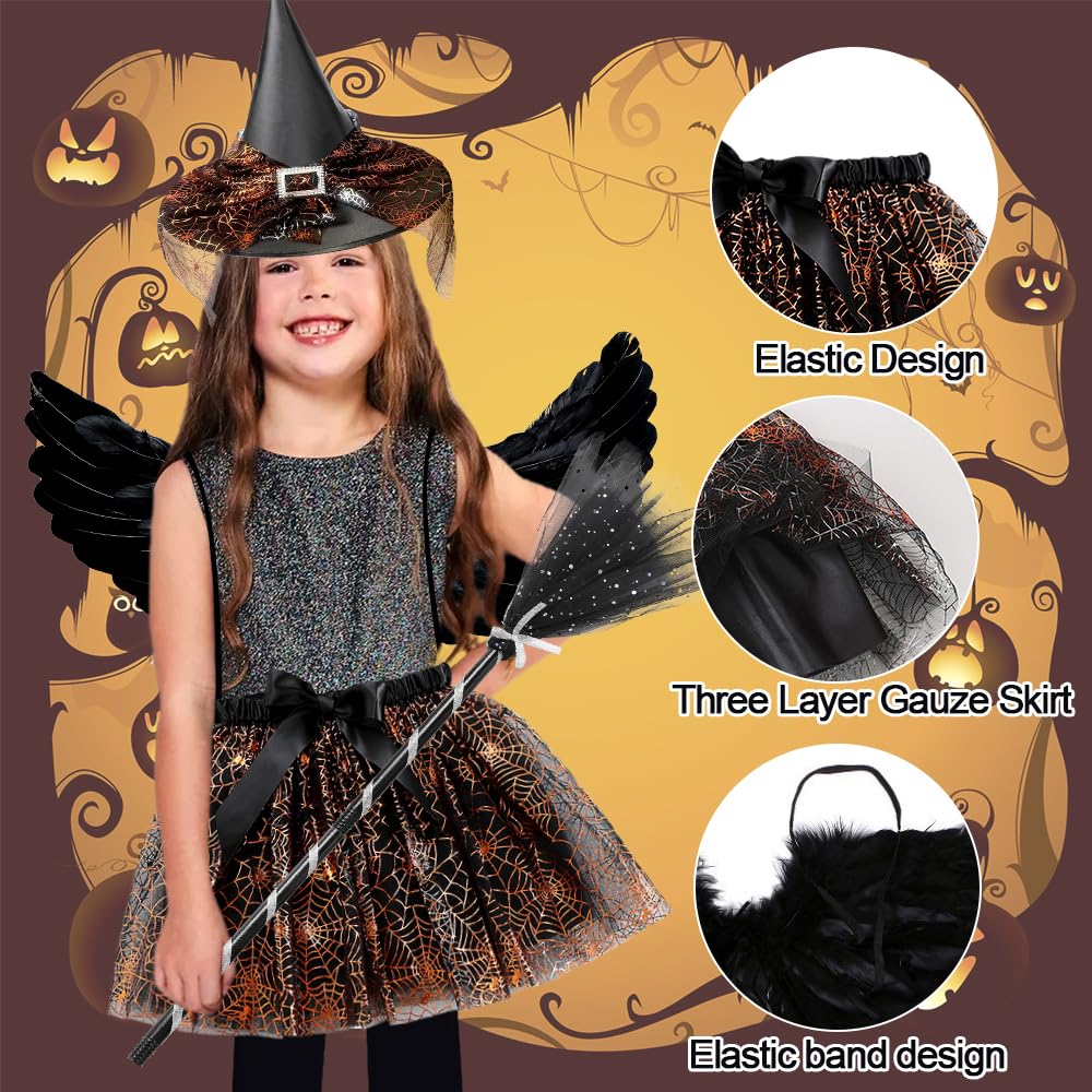 Witch Costume for Kids 3PCS Halloween TuTu Skirt Suit Costumes Set including Witch Hat and Broom Magic Fancy Dress Cosplay Outfit Accessories for Halloween Carnival Party Dress up Cosplay (Orange) - Image 3