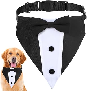 Adjustable Dog Tuxedo Formal Dogs Wedding Outfit Bandana Tux Black Collar with Bow Tie, Dog Suit Costume for Small Large Dogs Wedding, Engagement, and Birthday (Large: Neck 15”-25”)