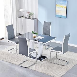 Panana Modern High Gloss Kitchen Dining Table 120cm with Stainless Steel Base Set (Table With 4 Grey White Chairs)