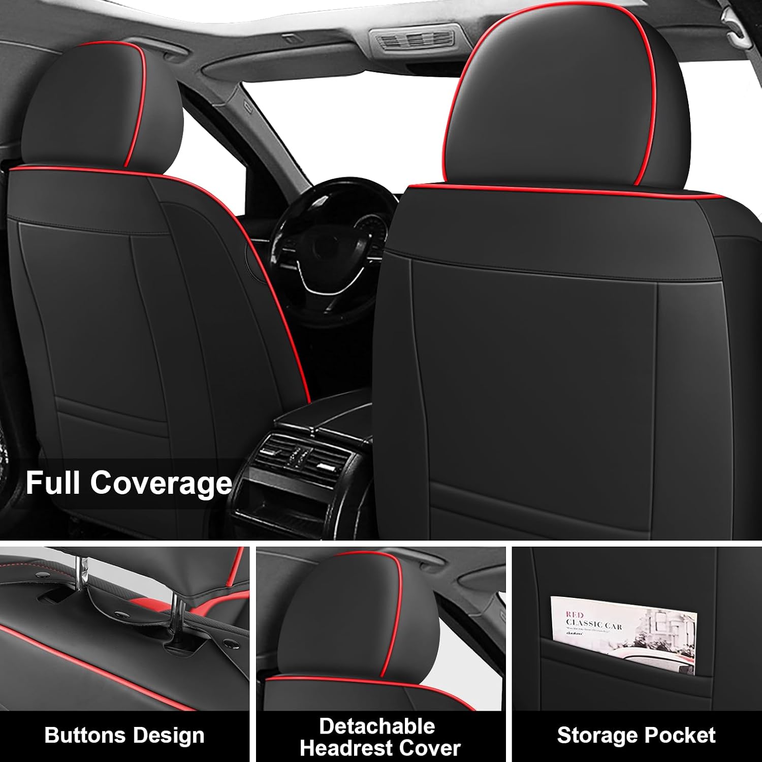 5 Full Seat Covers for Honda HRV 2016-2025, Premium Nappa Leather Seat Cover, Fully Wrapped Protect Modern Style Seat Cover (5-Seat Standard, Black & Red)