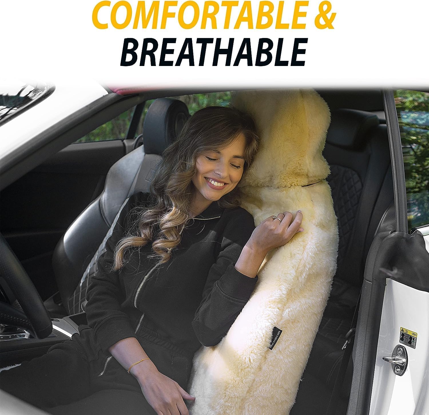 ZONETECH Sheepskin Seat Covers Fuzzy Car Seat Covers Ivory Australian Merino Wool Fluffy Fur Auto Accessories All Season Protection for Your Seats Universal Fits Most Car SUV Airbag Compatible 2-Pack - Image 5