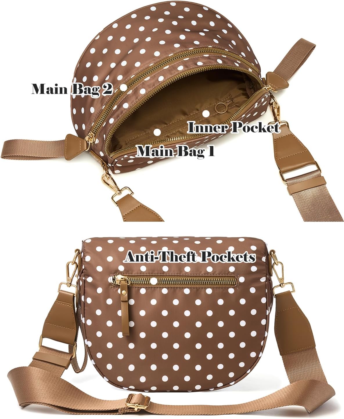 Polka Dots Crossbody Bag Bum Bag for Women,Spacious Checkered Purse Fanny Packs Belt Bag (Coffee Polka Dots) - Image 4