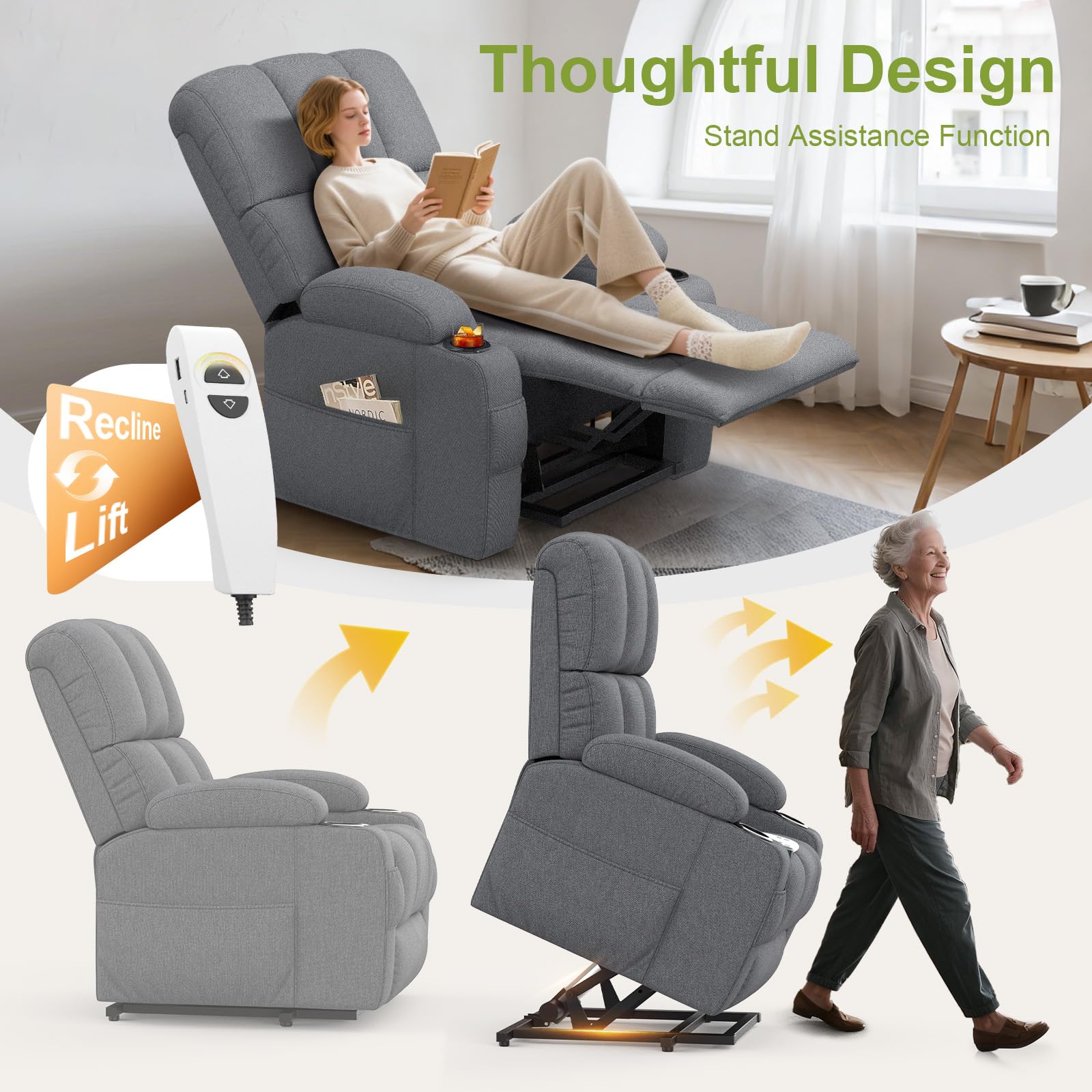 Relaxsessel Massagesessel Elektrisch Verstellbar Fernsehsessel mit Liegefunktion Massage Wärmefunktion, TYP C&USB-Anschlüsse, 4 Seitentaschen 2 Getränkehalter, Lesesessel TV Sessel Wohnzimmer
