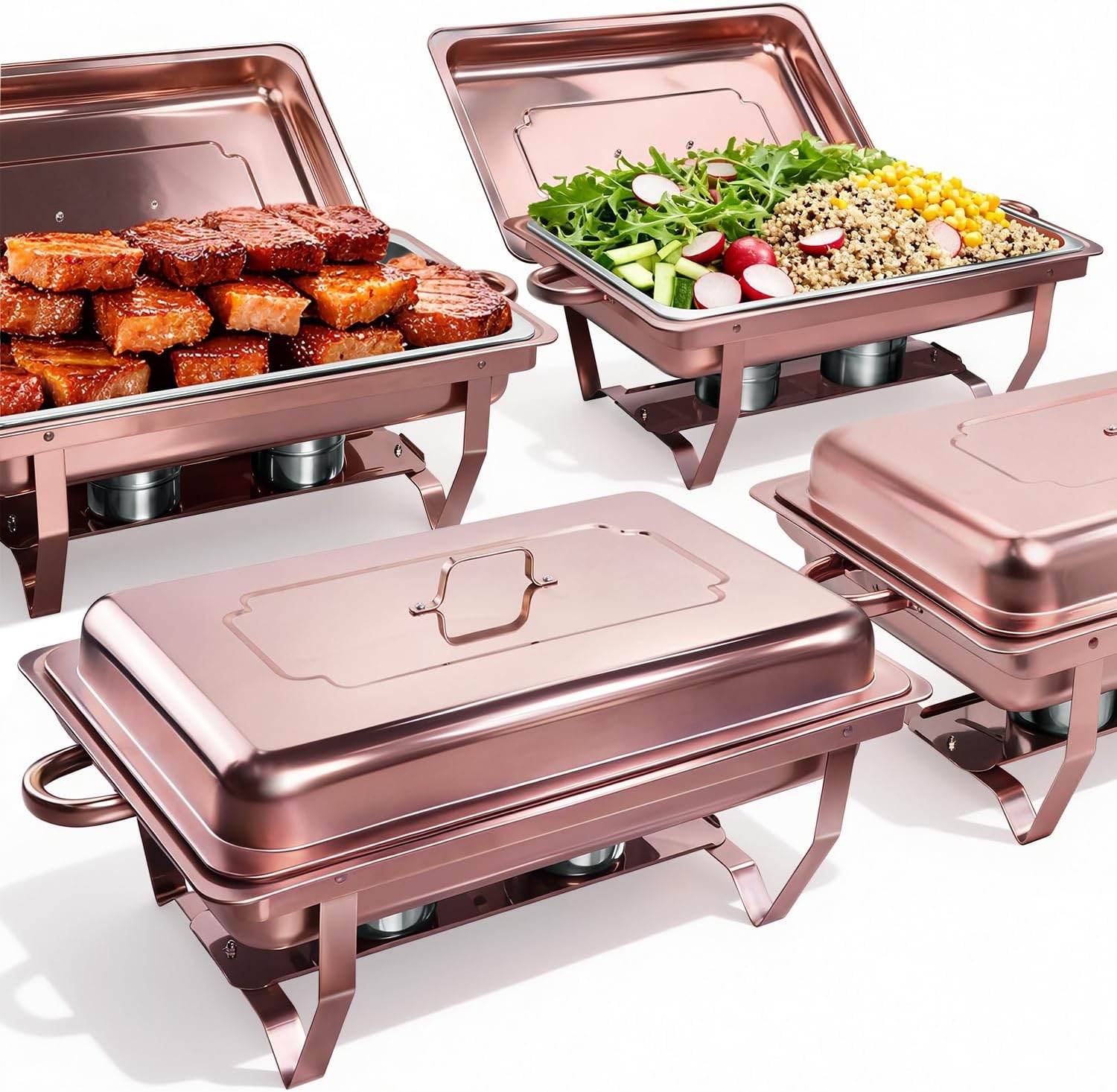 Chafing Dishes for Buffet 4 Pack, Rose Gold Chafing Dish Buffet Set, 8QT Food Warmers for Parties, Elegant Gold Catering Supplies for Events, Weddings, Dinners and Banquets