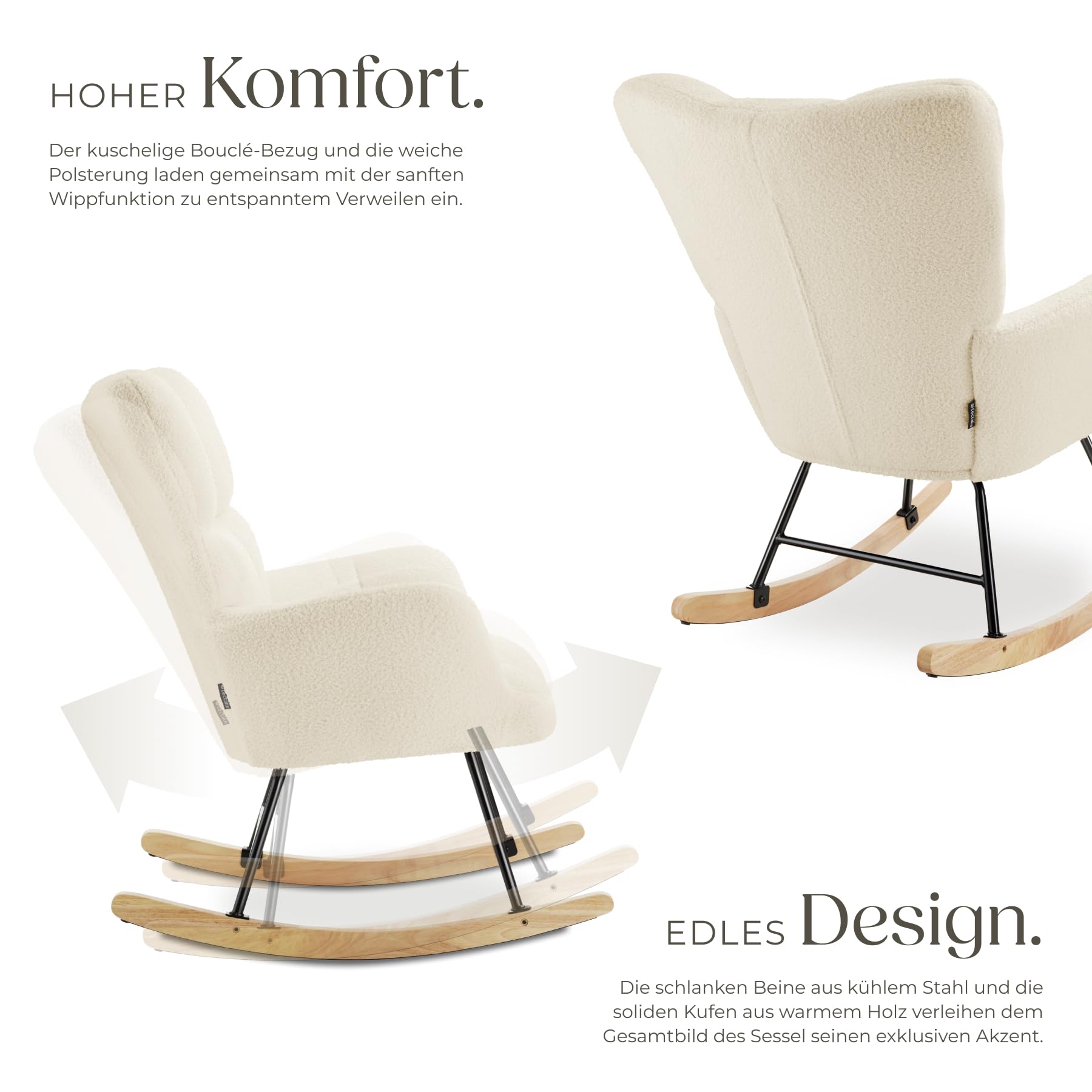 tectake® Skandi Schaukelstuhl, Sessel Wohnzimmer, Relaxsessel, Wohnzimmer Möbel Ohrensessel Vintage Look, Lesesessel, Schaukelsessel, Rocking Chair Babyzimmer, Schlafzimmer - beige