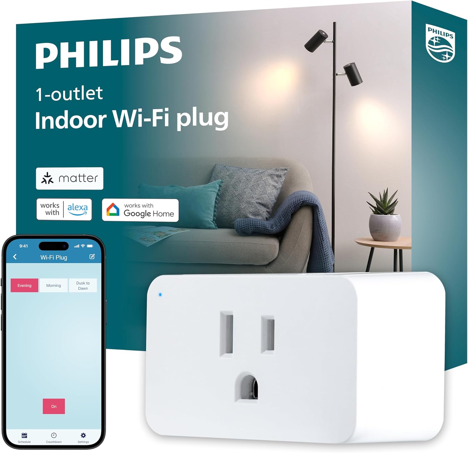 Philips Indoor Matter Smart Plug, WiFi, Works with Apple HomeKit, Alexa, Google Home & SmartThings (1 Pack)