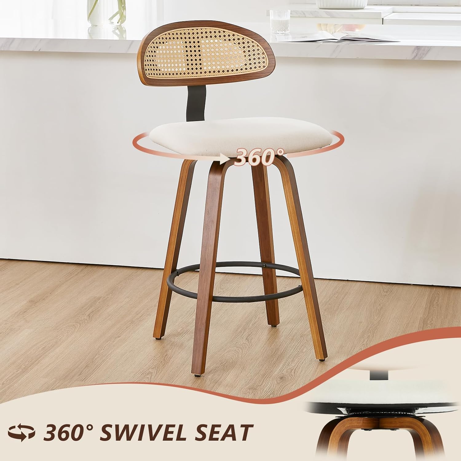 kinmars Swivel Counter Height Bar Stools, 26" Upholstered Seat Barstools with Rattan Back, Bentwood Frame Mid Century Modern Bar Chairs for Kitchen Island, Dining Room Bar Stools (White, Set of 2)