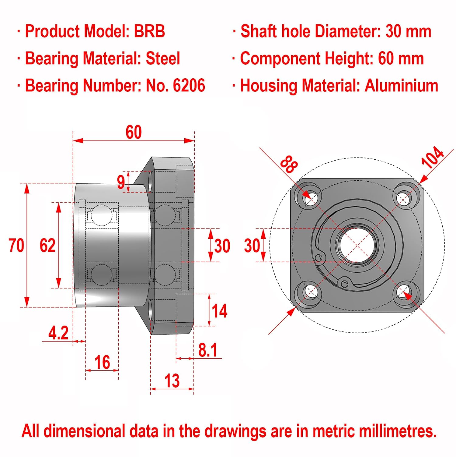 AUZHU- BRB - Metric- Double Bearings with Housing, Aluminium Alloy Round Flange Seat, Configurable Length, Deep Groove Ball Bearings with Retaining Ring Size: D 30 mm, L 60 mm, Bearing No.6206