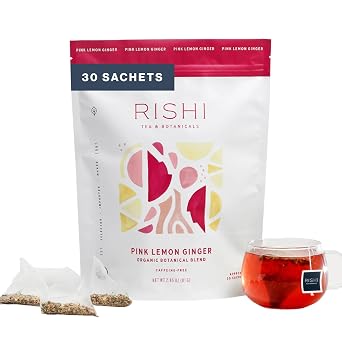 Rishi Tea Pink Lemon Ginger Herbal Tea - Organic, Caffeine Free Sachet Bags, Tangy & Naturally Sweet Botanical Blend, Enjoy Hot or Iced - 30 Count