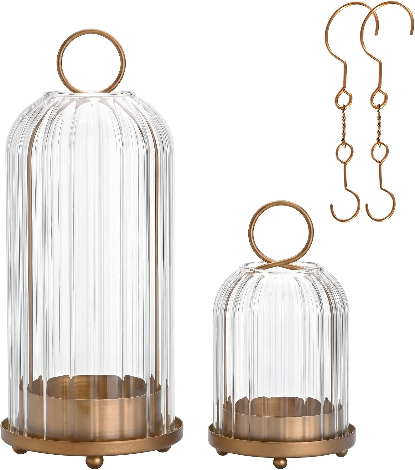 5" & 4" Metal Candle Holder with Ribbed Glass Candle Lanterns Set of 2, Vintage Windproof Hurricane Pillar Candle Holder, Decorative Table Centerpiece Patio Decor, Brass