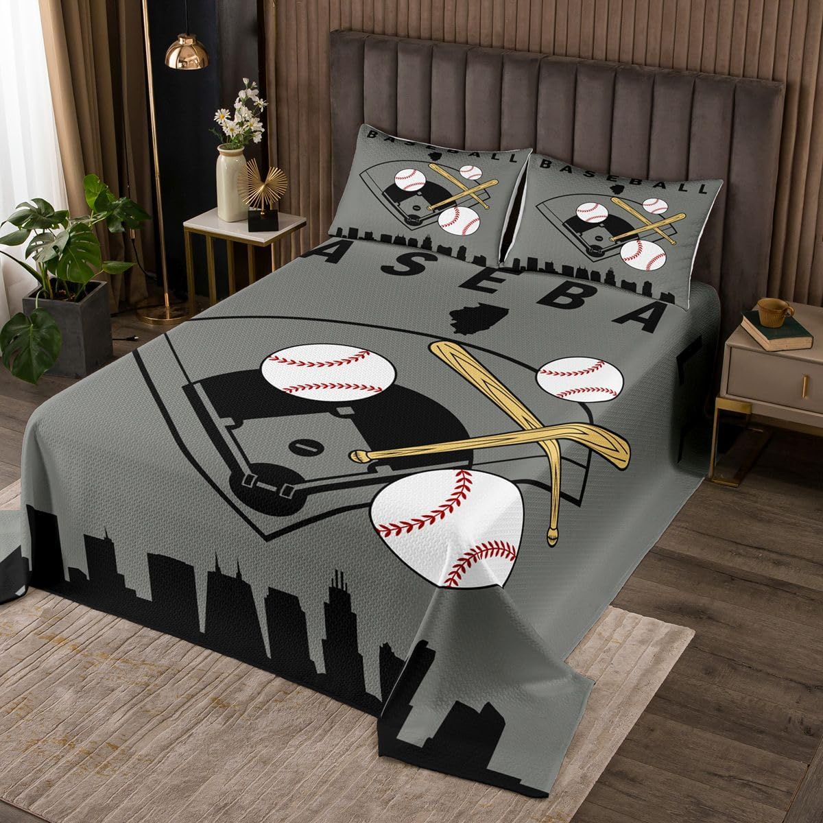 Erosebridal Baseball Bedspread Queen Size Softball Sports Boys Quilt Set Baseball Bat Coverlet Set for Kids Teens Adult Men City Building Black Red Bedding Sets