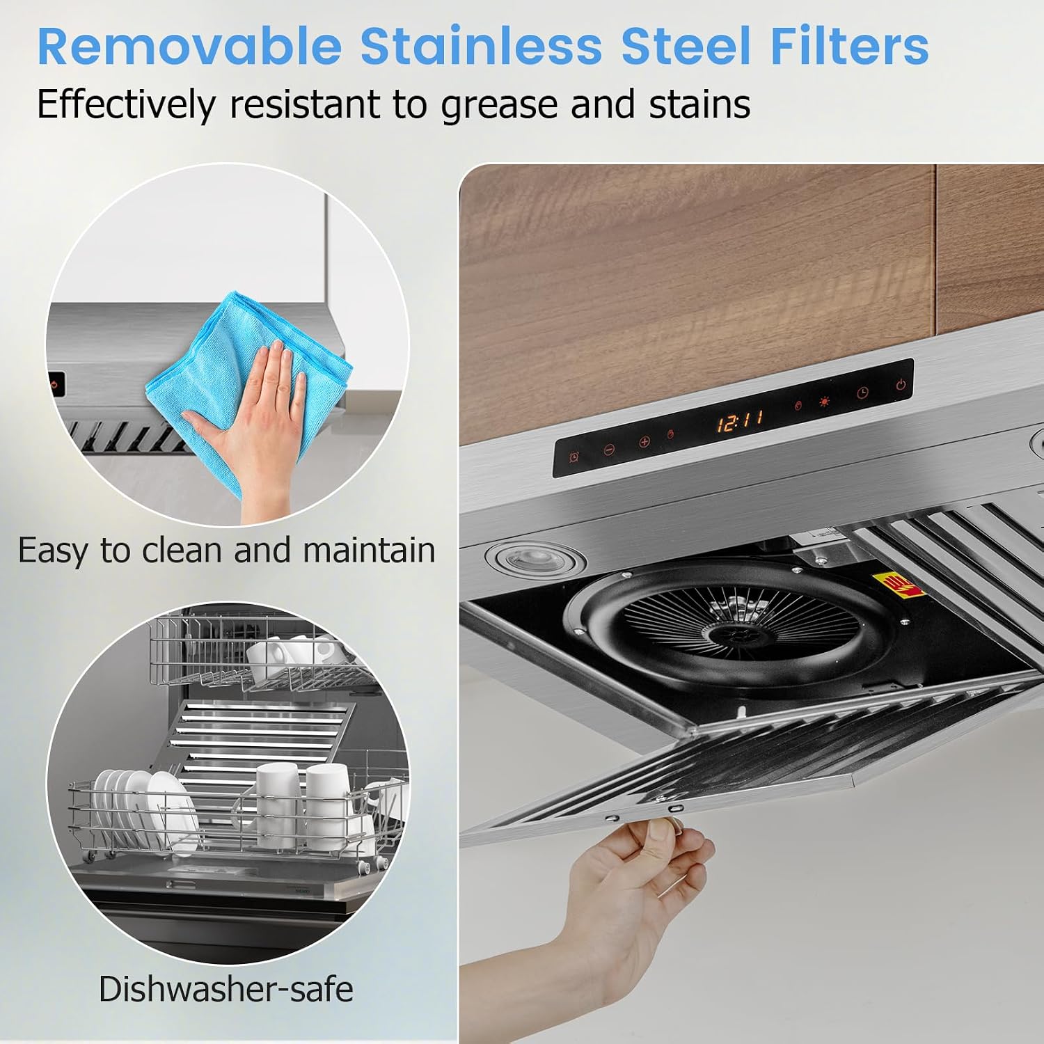 ARLIME Range Hood 30 Inch, 900CFM Stainless Steel Stove Vent Hood w/ 4-Speed Fan, Gesture Control, 2 LED Lights, Dishwasher-Safe Baffle Filters, Ductless Range Hood for Kitchen (30 Inch)