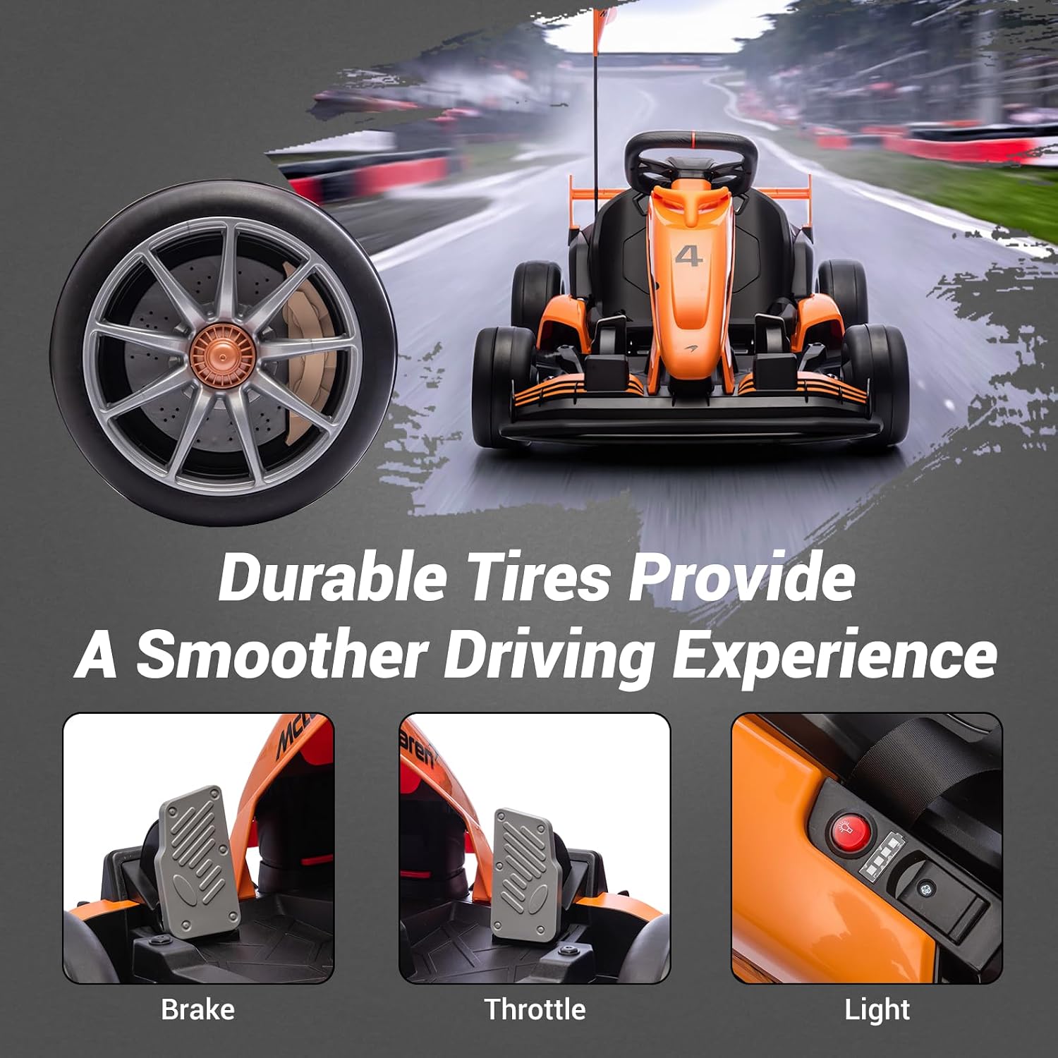 24V Licensed McLaren Electric Go Kart for Kids, Standard Performance Drift Crazy Cart, Adjustable Seat, LED Lights, 2 Speeds Ride On Racing Toy, Max 130 lbs, Ages 6+ (Classic Orange)
