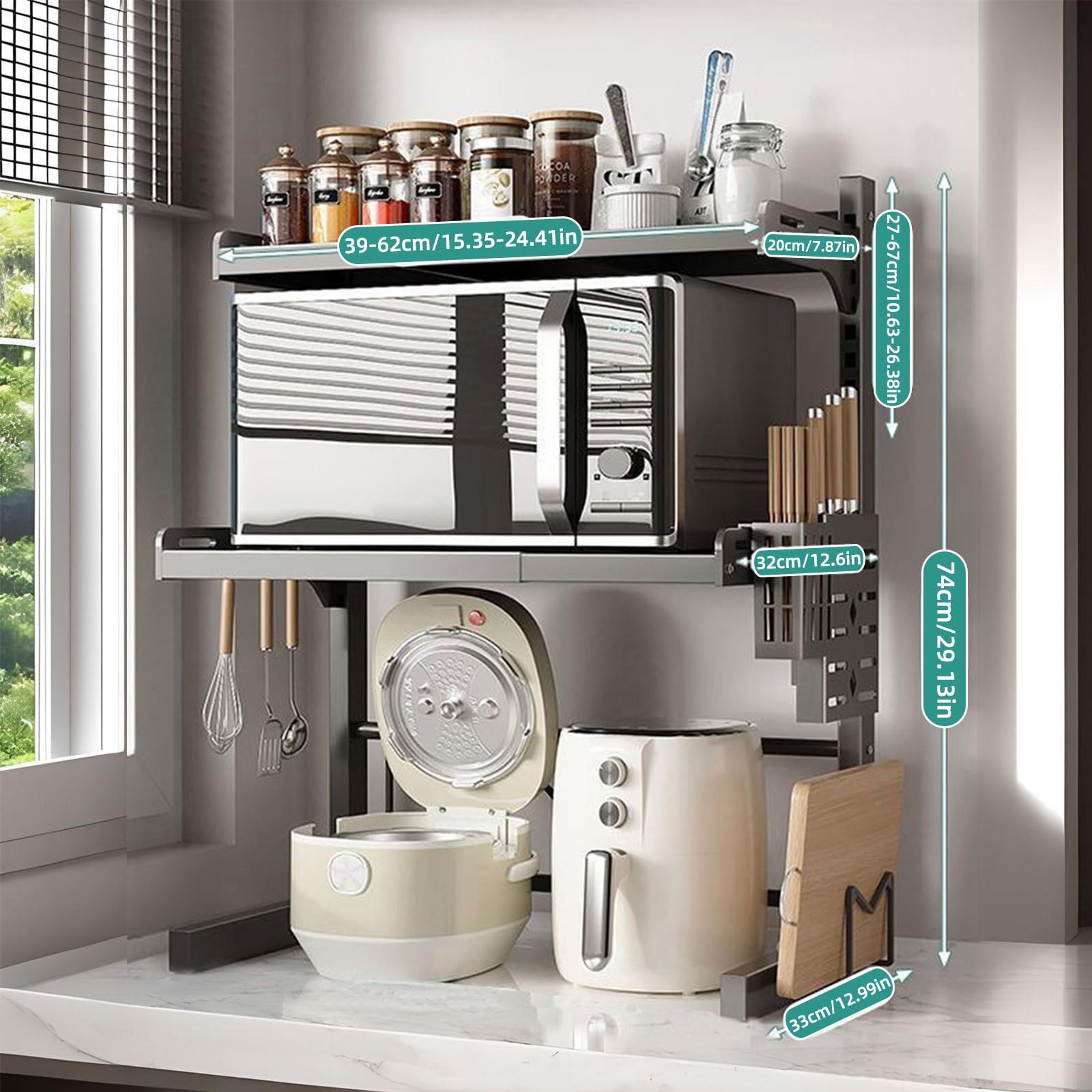 Mensola Microonde Estensibile 39-62CM Supporto per microonde espandibile a 2/3 livelli Acciaio Carbonio Ripiano Contatore Cucina Organizzatore Ripiani, 4 Ganci, Carico Pesante 25KG, Nero (3 livelli)