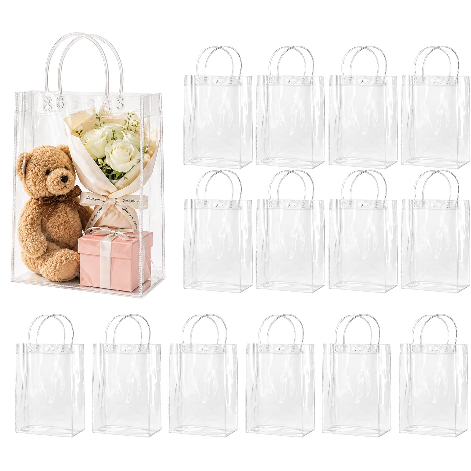 15 Pack Clear Gift Bags with Handles 5 x 20 x 7 cm Reusable PVC Plastic Gift Bags Waterproof Transparent Tote Bags for Birthday Gift Bags Party Gift Bags Wedding Christmas Festival Celebrations