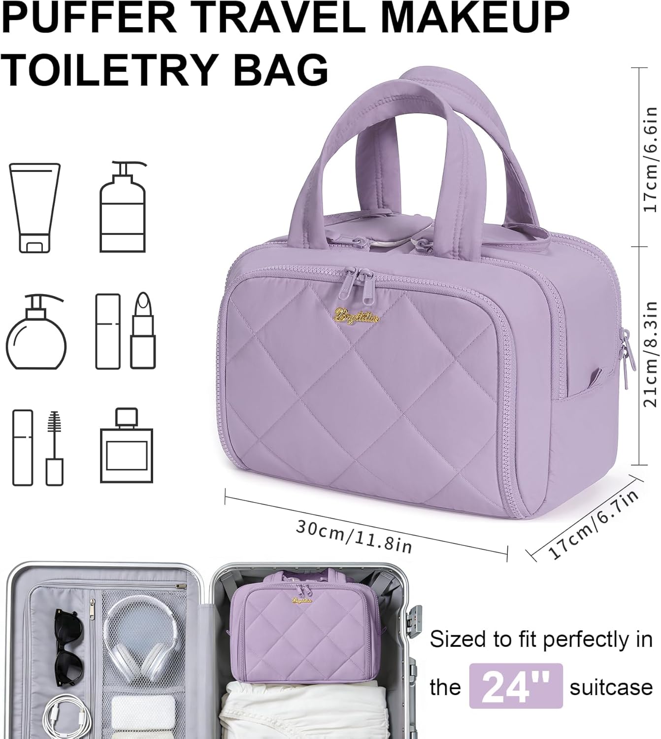 Travel Toiletry Bag, Large Wide-open Puffy Toiletry Bag for Women, Lightweight Quilted Makeup Bag Cosmetic Organizer with Handle Water-resistant Travel Essentials for Toiletries Accessories Lavender - Image 2
