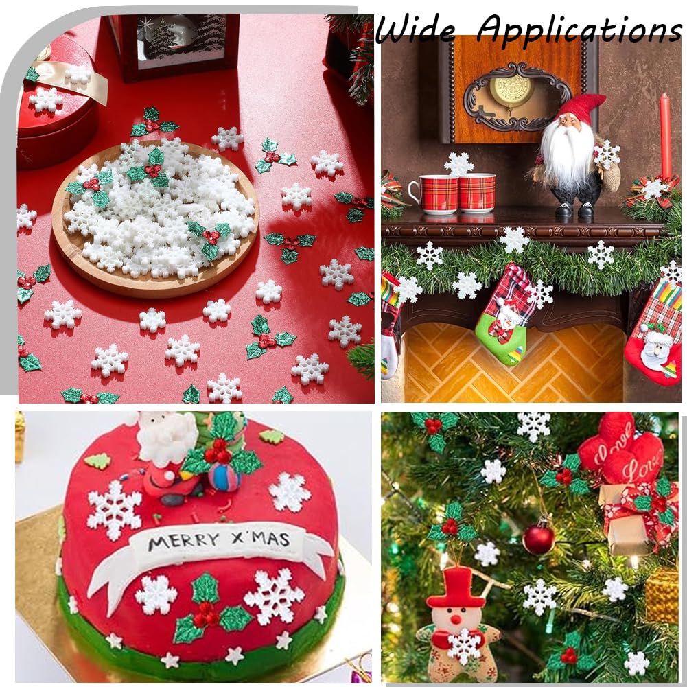 SUNNYCLUE Schneeflocken-Charms, Stechpalmen-Verzierung, Großpackung mit Schneeflocken, Weiß, Winter, Weihnachten, Blätter, Beeren, Glitzer, Mini-Dekor, Stoff, Cabochon für Scrapbooking, Ornamente