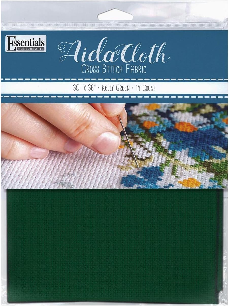 Essentials By Leisure Arts Aida Cloth, 14 Count, Kelly Green Cross Stitch Fabric, Embroidery Fabric, Cross Stitch Supplies for Crafting, Stitching, and Sewing Projects 30X36