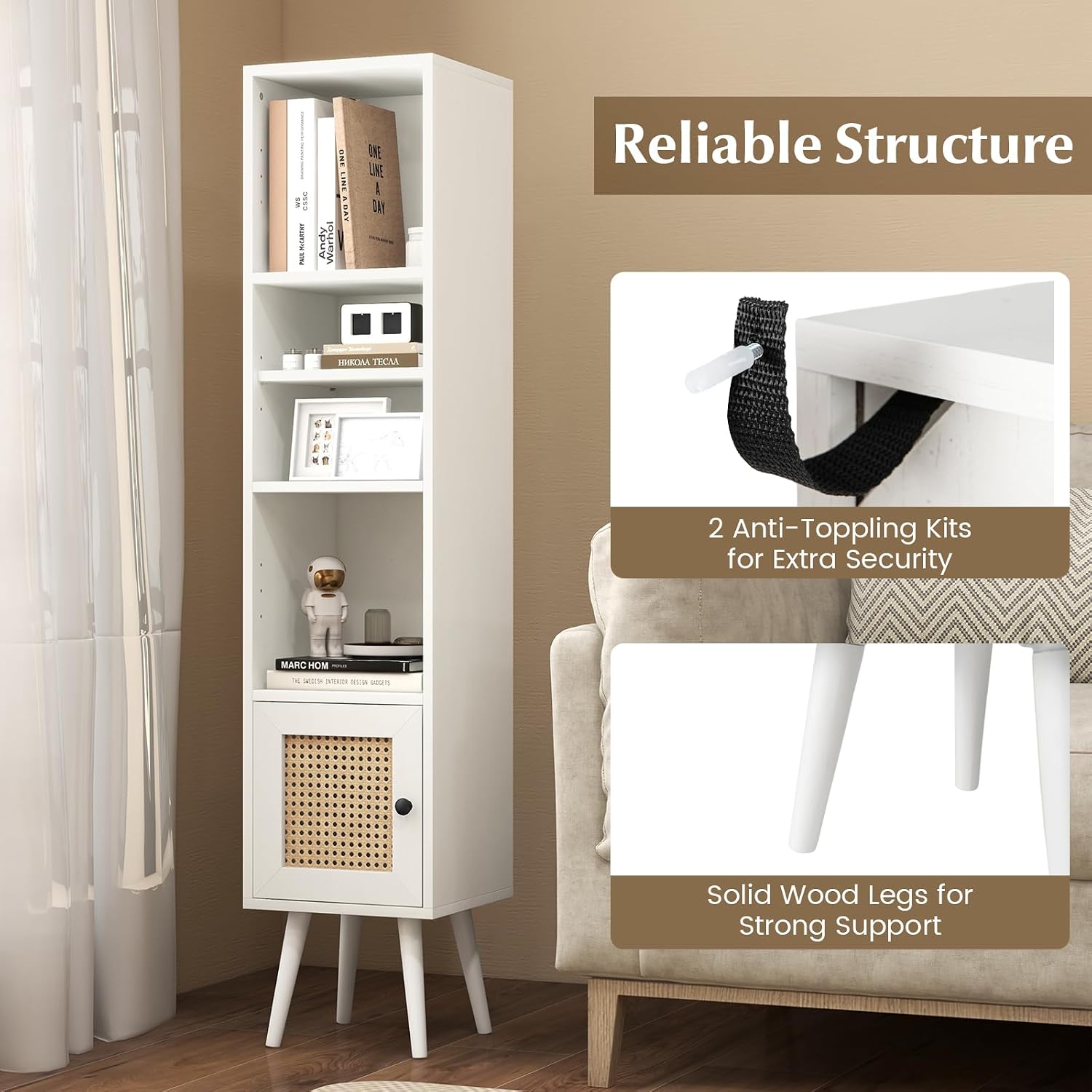 LOKO Slim Tall Rattan Storage Cabinet, Boho Accent Bookshelf with Rattan Door, 12-Position Adjustable Shelf & Solid Wood Legs, Modern Display Rack Cupboard for Living Room, Study, Kitchen (White)