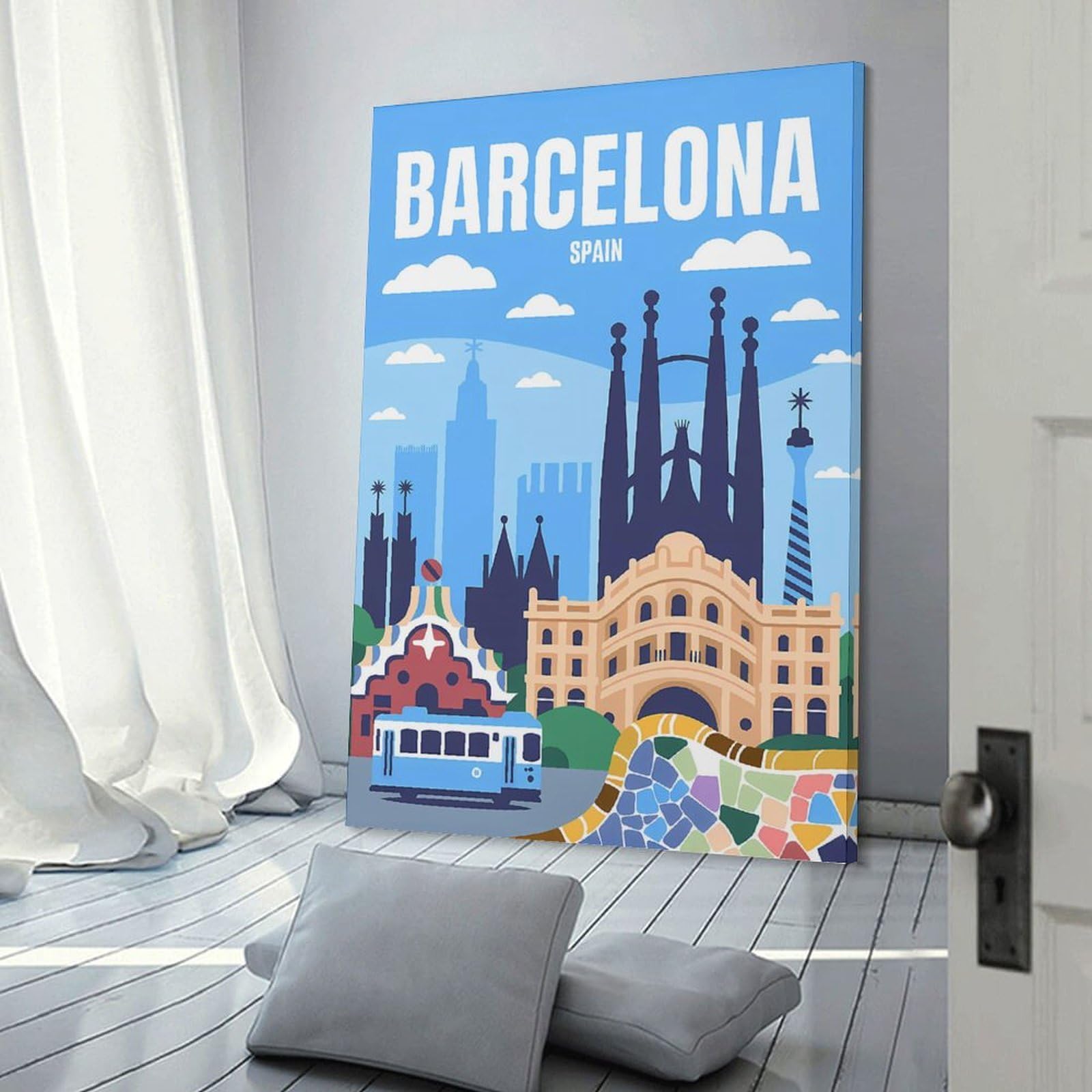 Junmoney Barcelona, Spain Travel Canvas Wall Picture 24x36inch(60x90cm), for Study, Office Or Focused Interiors, Home Office Artwork with Decorative Appeal
