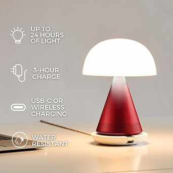 Lexon Mina L Audio 2 in 1 Mushroom Table Lamp and Wireless Bluetooth Speaker, 9 LED Color Mood Lamp for Bedrooms & Living Room & Music Player - Alu Poli