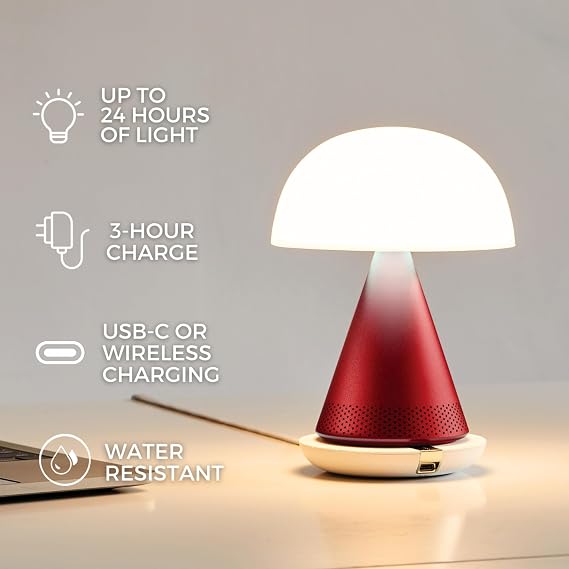 Lexon Mina L Audio 2 in 1 Mushroom Table Lamp and Wireless Bluetooth Speaker, 9 LED Color Mood Lamp for Bedrooms & Living Room & Music Player - Alu Poli