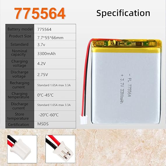 3.7V 3300mAh 775564 Lipo Battery Rechargeable Lithium Polymer ion Battery Pack with PH2.0mm JST Connector