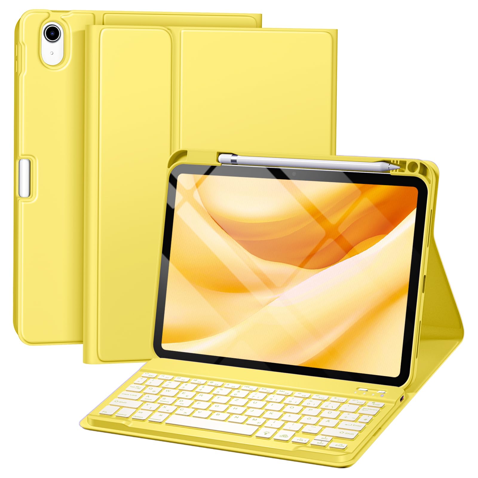 drivego Hülle mit Tastatur für iPad 11 Generation A16/10 Generation (11/10.9 Zoll, 2025/2022), 7-farbige Beleuchtung Magnetische Tastatur für iPad 11./10. Gen Hülle mit Stifthalter, Gelb