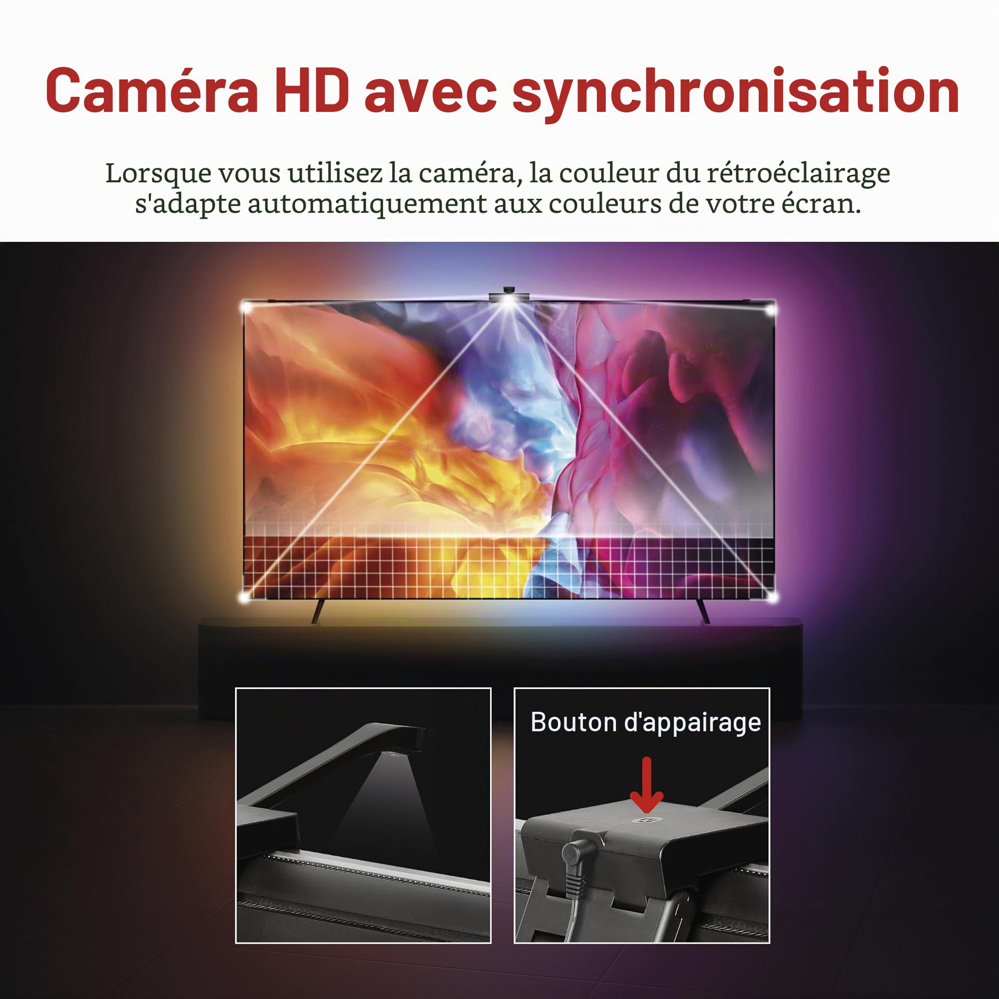 EMOS Rétroéclairage Intelligent pour TV de 55" (139 cm) - Tubes Lumineux LED RGBIC Amovibles pour téléviseur, avec Appareil Photo - Luminosité 450 LM - Connectivité WiFi, contrôle par Application,