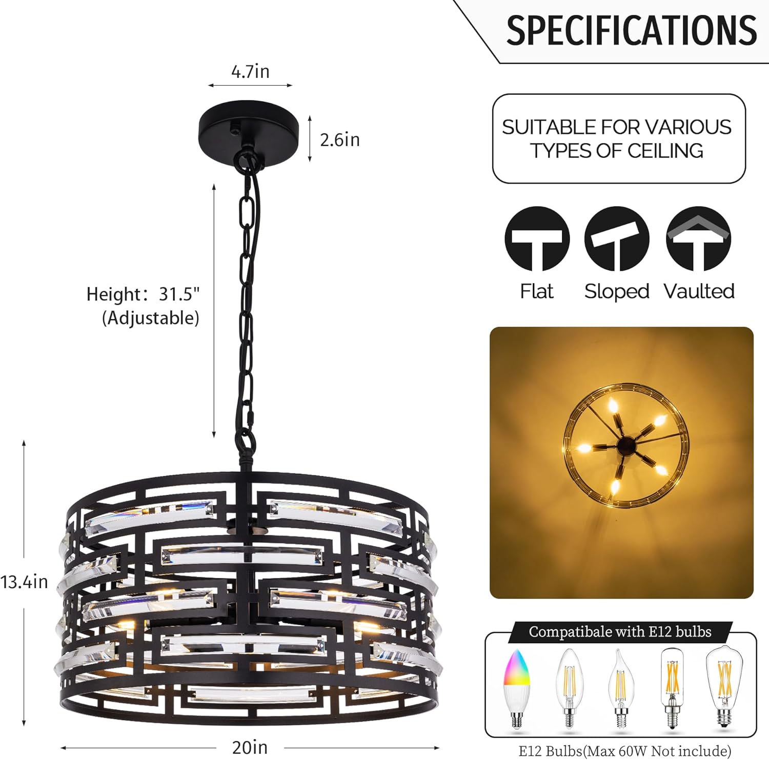 Wellemt 5-Light Drum Chandelier, Black Crystal Modern Chandeliers, Farmhouse Ceiling Lighting Fixture for Entryway, Dining Room, Living Room, Bedroom, Bathroom, Kitchen, Hallway, Foyer, W-20in