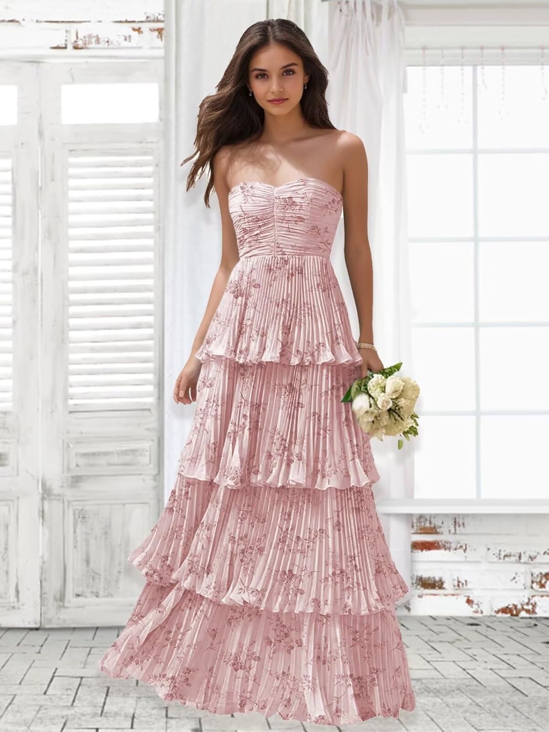 GATMAHE Women's Layered Chifffon Bridesmaid Dresses for Women Strapless Flowy Ruffle A Line Formal Evening Gowns - Image 5