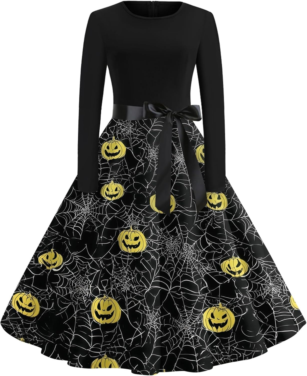 Womens Halloween Dress Long Sleeve Midi A Line Fit and Flare Pumpkin Web